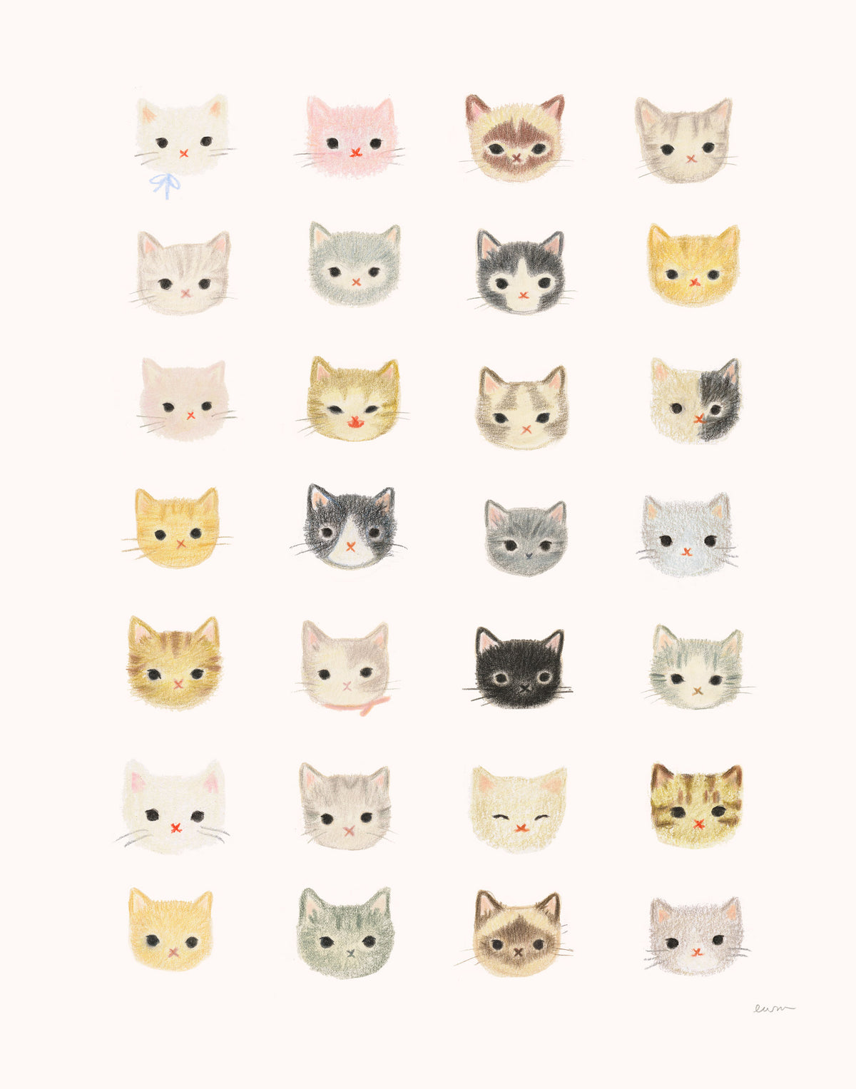 A pencil and gauche art print featuring a grid of 30 cute cat faces in various colors, including white, pink, gray, black, yellow, and orange, arranged in six rows of five on a warm cream background.