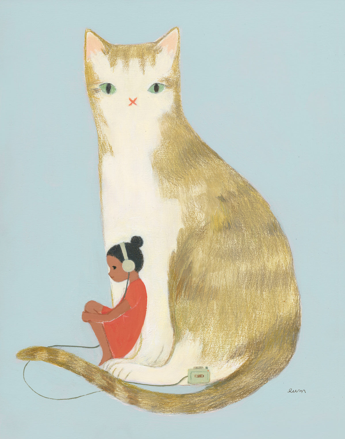 An illustration of a large cream and white cat with green eyes sitting against a light blue background, with a small seated person in a red dress and white headphones tucked between the cat's legs.