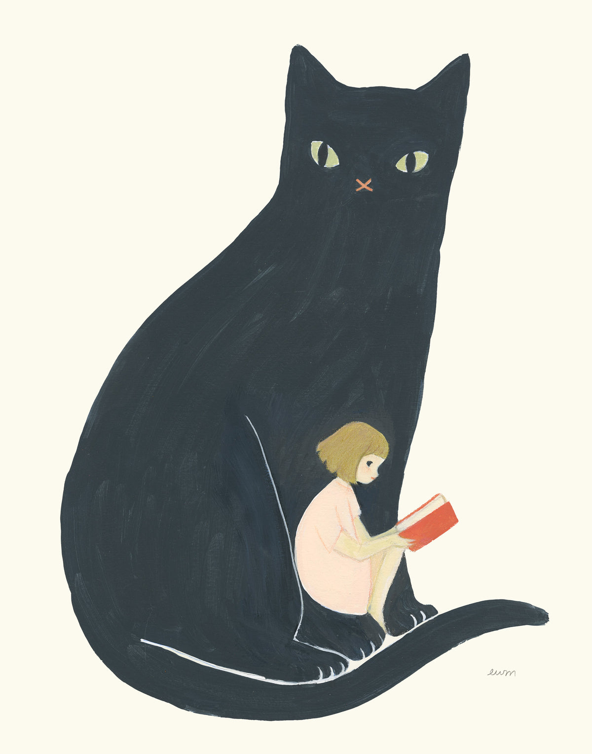 A stylized illustration of a large black cat with pale green eyes sitting beside a small child with blonde hair reading a red book, on a warm cream background.