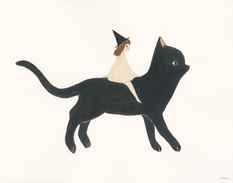 A minimalist illustration of a black cat with a small witch-like figure riding on its back, set against a plain off-white background.