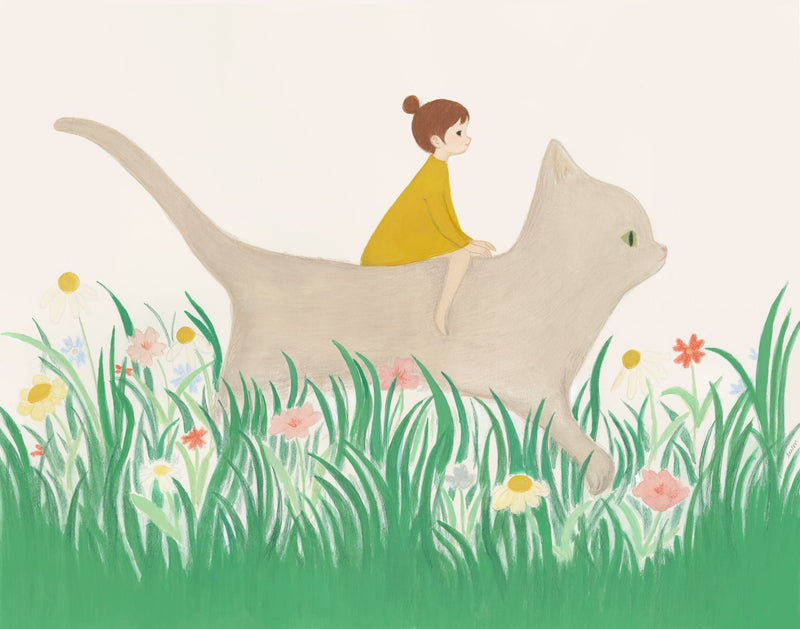 A whimsical illustration of a small child with brown hair in a bun wearing a yellow dress, riding on the back of a large cream-colored cat walking through a field of green grass and small flowers.