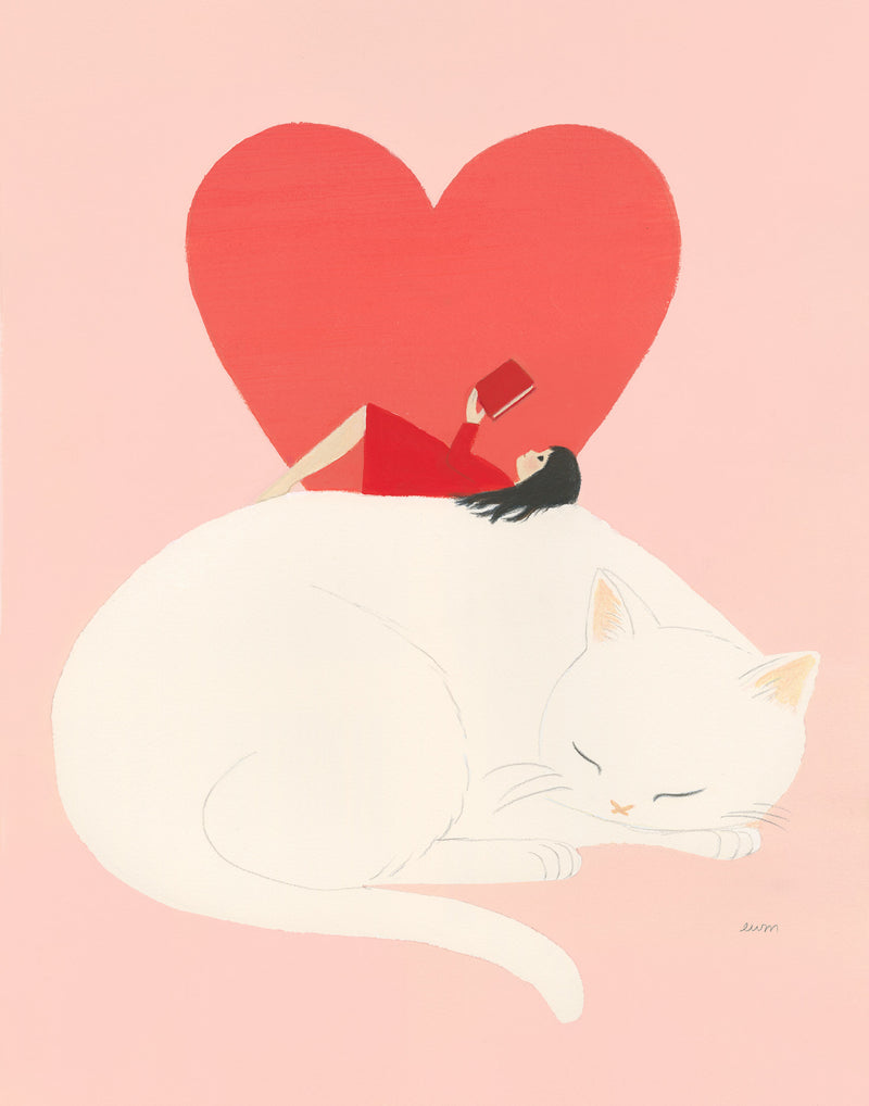 A stylized illustration on a soft pink background showing a large white cat curled up, a small person in red lying on the cat's back, and a large red heart behind them.