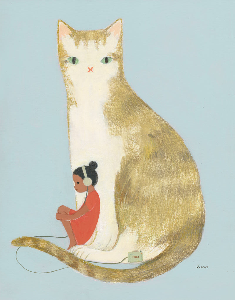 An illustration of a large cream and white cat with green eyes sitting against a light blue background, with a small seated person in a red dress and white headphones tucked between the cat's legs.