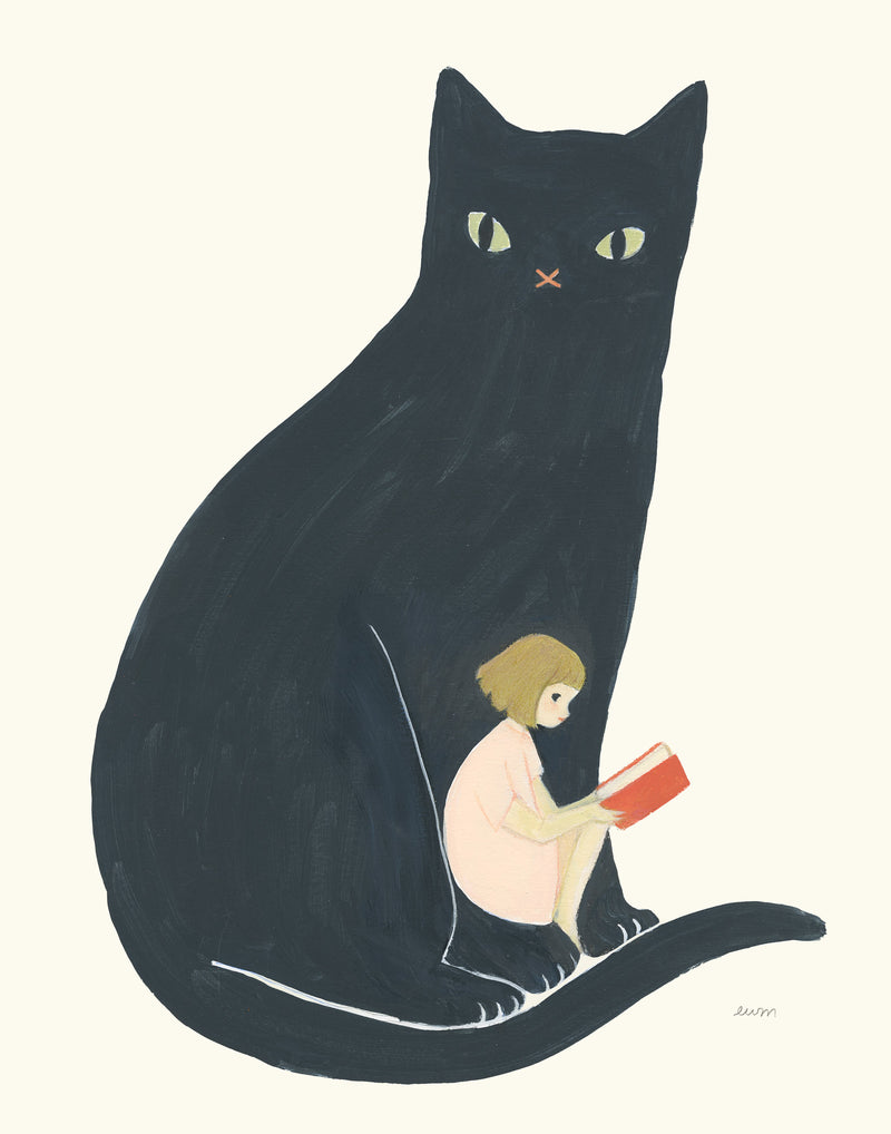 A stylized illustration of a large black cat with pale green eyes sitting beside a small child with blonde hair reading a red book, on a warm cream background.